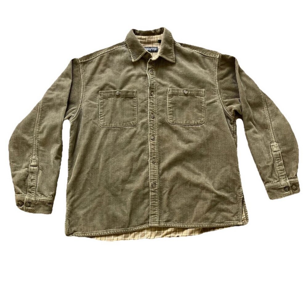 Prefab Corduroy Shirt Jacket with Plaid Flannel Lining Tan Shacket